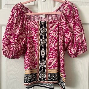 LOFT Fuchsia and Cream Printed Puff-Sleeve Peasant Top